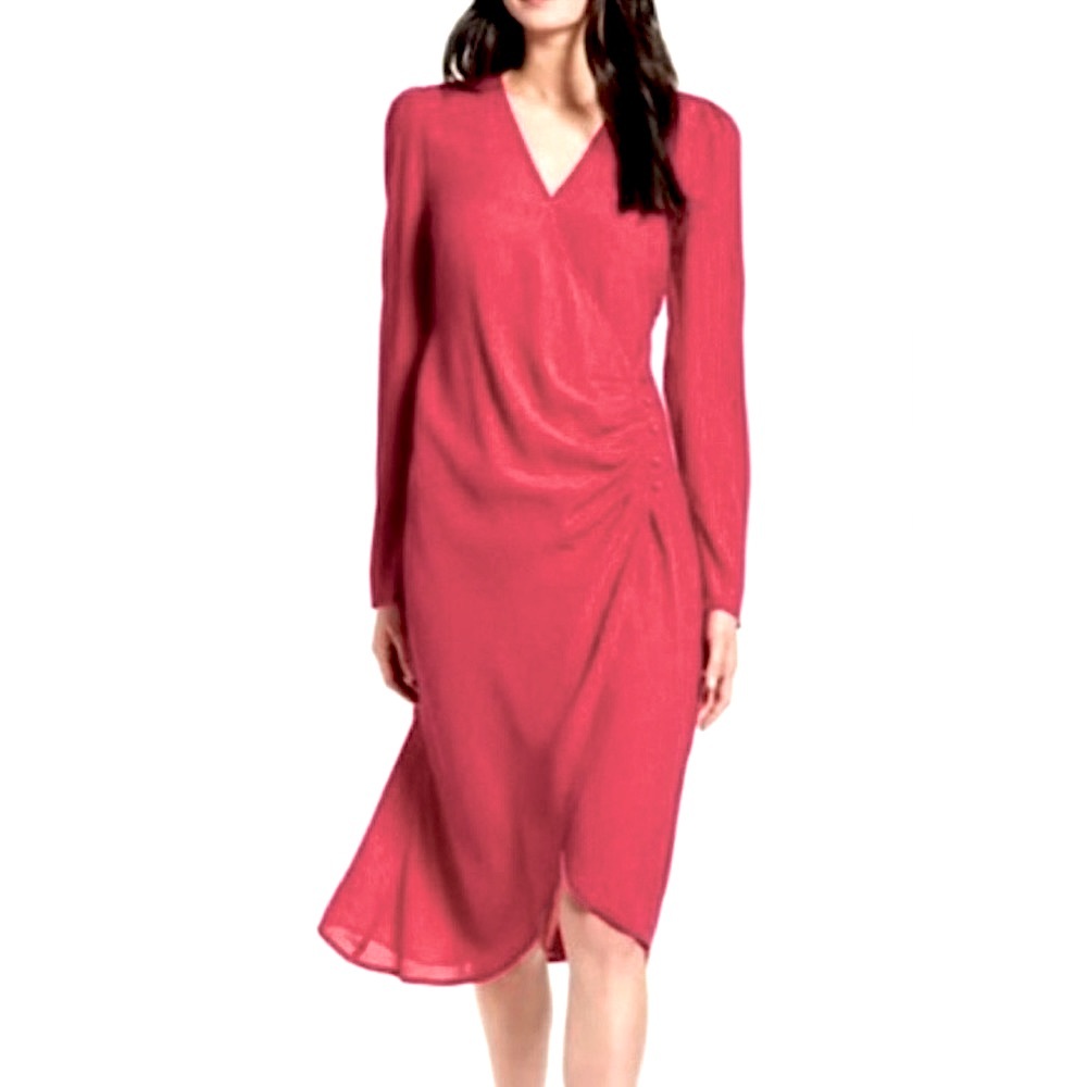 Chelsea28 Raspberry Pink/Red/hot pink Cerise Long Sleeve Ruched Wrap Dress